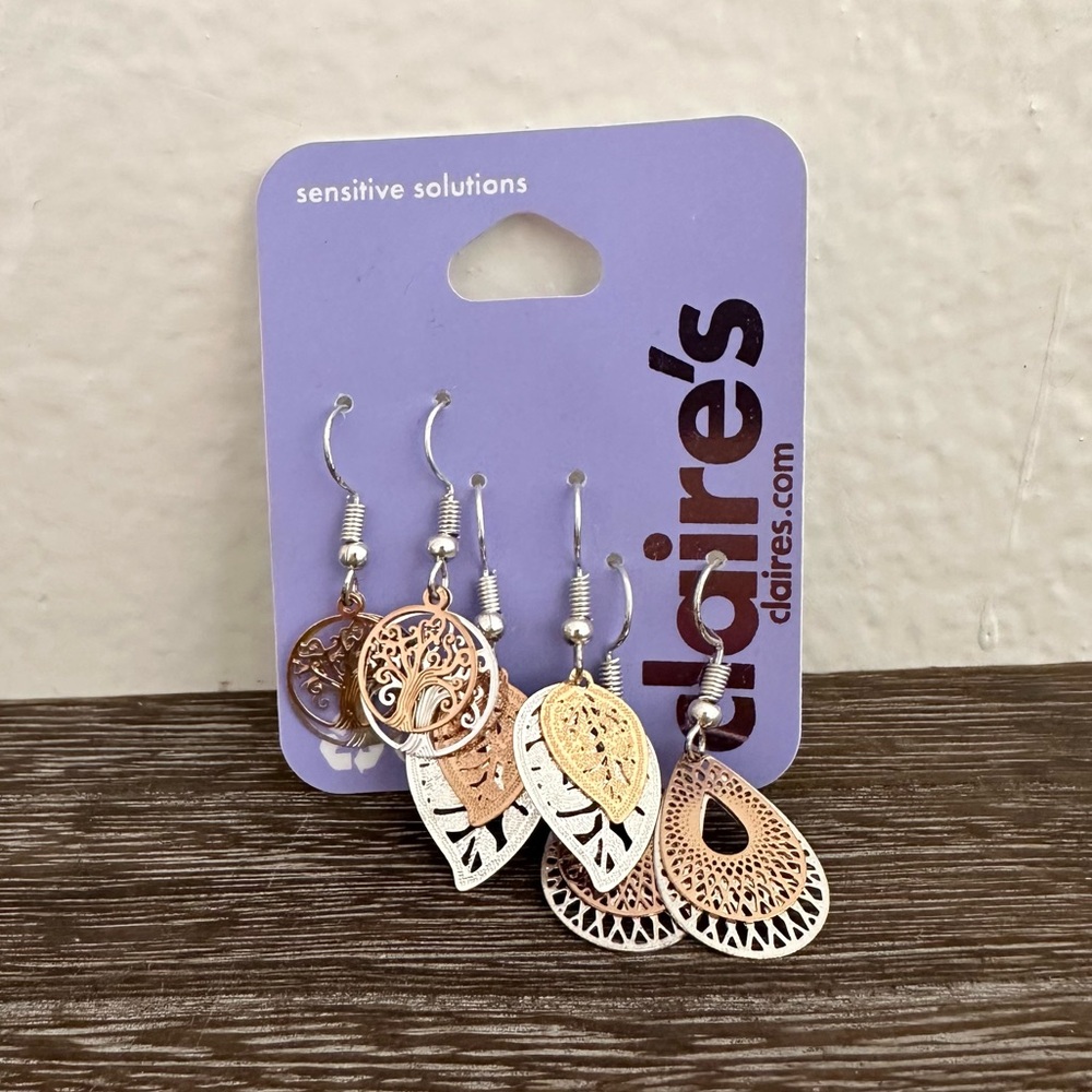 NWT Claire’s Dangly Earrings 3 Pairs Rose Gold & Silver